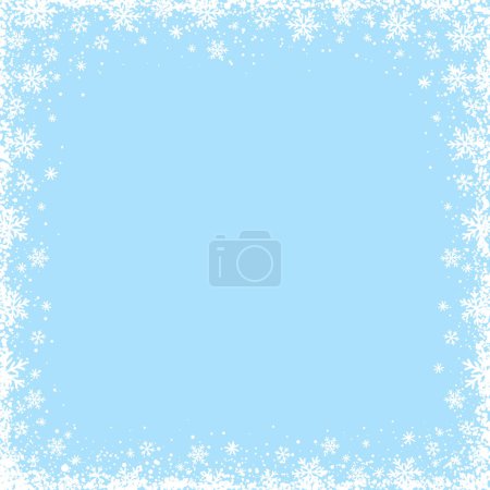 Illustration for Blue Christmas background with  square frame of white snowflakes. Merry Christmas and Happy New Year greeting banner. Horizontal new year background, headers, posters, cards, website. Vector illustration - Royalty Free Image