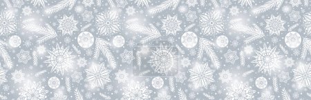 Illustration for Grey Christmas banner with snowflakes and stars. Merry Christmas and Happy New Year greeting banner. Horizontal new year background, headers, posters, cards, website. Vector illustration - Royalty Free Image