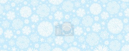 Illustration for Blue christmas banner with white snowflakes. Merry Christmas and Happy New Year greeting banner. Horizontal new year background, headers, posters, cards, website.Vector illustration - Royalty Free Image