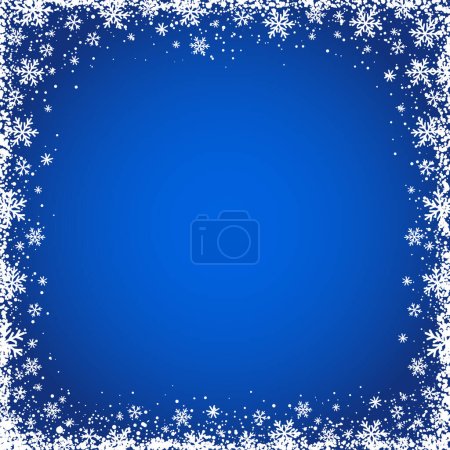 Illustration for Blue christmas square banner with white snowflakes. Merry Christmas and Happy New Year greeting banner. Square new year background, headers, posters, cards, website. Vector illustration - Royalty Free Image