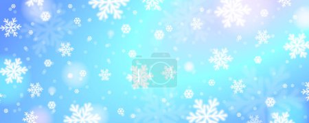 Ilustración de Banner azul navideño con bokeh y copos de nieve borrosos. Feliz Navidad y Feliz Año Nuevo banner de felicitación. Horizontal año nuevo fondo, encabezados, carteles, tarjetas, sitio web. Ilustración vectorial - Imagen libre de derechos