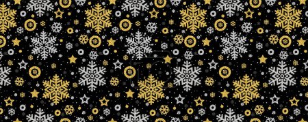 Ilustración de Fondo de patrón de Navidad negro con copos de nieve y estrellas brillantes doradas y plateadas. Feliz Navidad y Feliz Año Nuevo banner de felicitación. Horizontal año nuevo fondo, encabezados, carteles, tarjetas, sitio web. Ilustración vectorial - Imagen libre de derechos