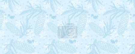 Téléchargez les illustrations : Bannière de Noël bleue avec branches d'arbre de Noël dessinées, écureuils et flocons de neige. Joyeux Noël et bonne année saluant bannière. Horizontal fond de nouvelle année, en-têtes, affiches, cartes, site Web. Illustration vectorielle - en licence libre de droit