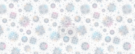 Ilustración de Banner de Navidad de plata con un patrón de copos de nieve y estrellas sobre un fondo blanco. Feliz Navidad y Feliz Año Nuevo banner de felicitación. Horizontal año nuevo fondo, encabezados, carteles, tarjetas, sitio web. Ilustración vectorial - Imagen libre de derechos