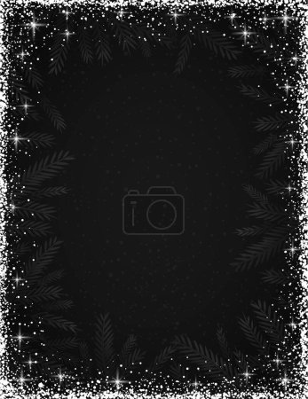 Illustration for Black christmas background with white snowflakes and branches from a Christmas tree. Happy New Year greeting banner. New year background, headers, posters, cards, website. Flat lay mockup design. Vector illustration - Royalty Free Image