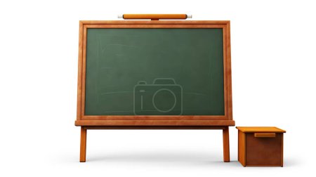 Téléchargez les photos : Illustration 3D de style bande dessinée d'un tableau blanc de l'école avec cadre en bois. Tableau noir vert isolé sur fond blanc. Convient pour le matériel éducatif. - en image libre de droit