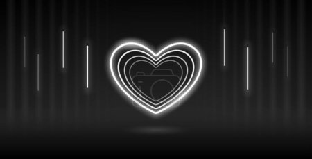 Illustration for Neon Valentines Heart on Dark Black Background with Rays and Lamps. Vector clip art for your holiday project. - Royalty Free Image
