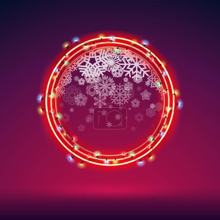 Illustration for Christmas Red Round Glowing Frame with Snoflakes on Dark Background. Vector clip art for your holiday project. - Royalty Free Image