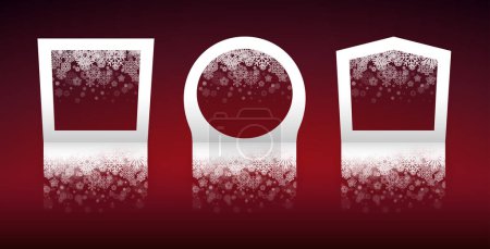 Illustration for Three Paper Christmas Neon Frames with Snowflakes Decorations. Round, and square copy space. Vector clip art for your holidays project design. - Royalty Free Image