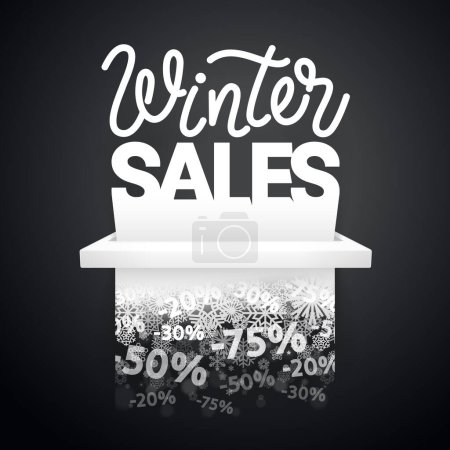 Téléchargez les illustrations : Bannière de vente d'hiver en papier avec flocons de neige sur fond noir - en licence libre de droit