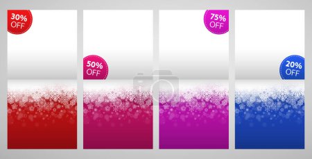Illustration for Paper Winter Sales Discount Colorful Banners with Snowflakes. Vertical flyers set with stickers. Vector templates for your holidays project design. - Royalty Free Image