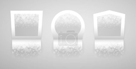 Ilustración de Tres marcos de papel navideño con decoraciones de copos de nieve sobre fondo claro. Espacio redondo y cuadrado. Vector clip art para el diseño de su proyecto de vacaciones. - Imagen libre de derechos