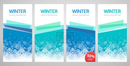 Illustration for Winter Blue Discount Banners Set with Snowflakes. Vertical flyers collection. Vector templates for your holidays project design. - Royalty Free Image