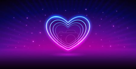 Ilustración de Corazón de San Valentín de neón sobre fondo oscuro con rayos y estrellas. Vector clip art para su proyecto de vacaciones. - Imagen libre de derechos