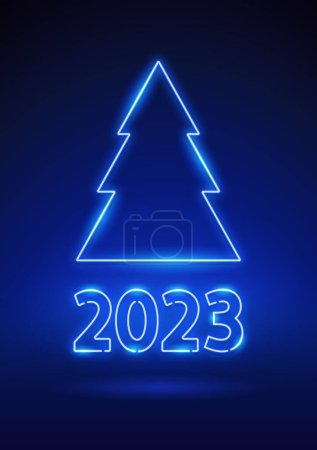 Illustration for New Year 2023 Neon Vector Tree on Dark Blue Background. Vector clipart for your projects. - Royalty Free Image