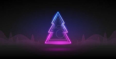 Illustration for Neon Christmas Tree on Dark Purple Background. Vector clip art for your holiday project. - Royalty Free Image