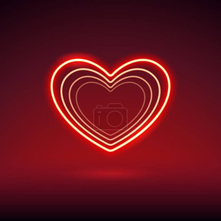 Téléchargez les illustrations : Néon Valentines Coeur sur fond rouge foncé. Clip art vectoriel pour votre projet de vacances. - en licence libre de droit
