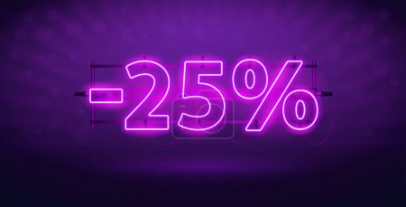 Illustration for Glowing Neon 25 Percent Discount Banner. Stock vector clipart for sales design. - Royalty Free Image