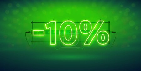 Illustration for Glowing Green Neon 10 Percent Discount Banner. Stock vector clipart for sales design. - Royalty Free Image