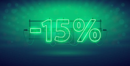 Illustration for Glowing Green Neon 15 Percent Discount Banner. Stock vector clipart for sales design. - Royalty Free Image