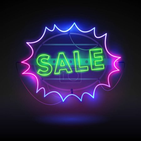 Illustration for Glowing Neon Comic Stile Sale Signboard. Banner template. Stock vector clipart with copy space. - Royalty Free Image