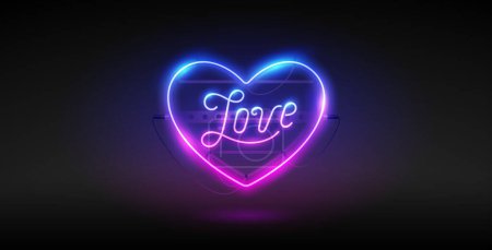 Ilustración de Neon Valentines Heart with Love on Dark Background. Vector clip art for your holiday project. - Imagen libre de derechos