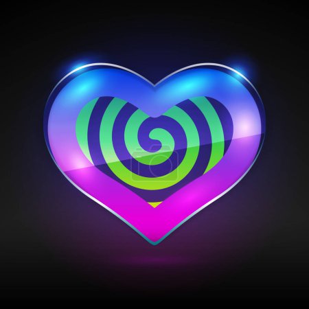 Téléchargez les illustrations : Glossy Neon Hypnotic Heart in Transparent Glass Icon. Vector clipart for Valentines Day project. - en licence libre de droit