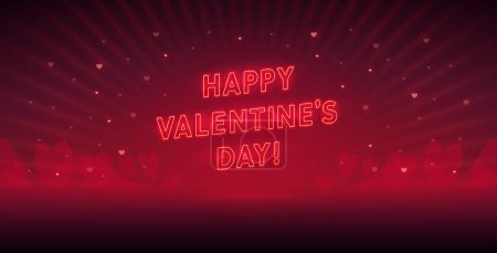 Illustration for Neon Happy Valentines Day Lettering on Dark Red Background with Rays and Hearts. Vector clip art for your holiday project. - Royalty Free Image