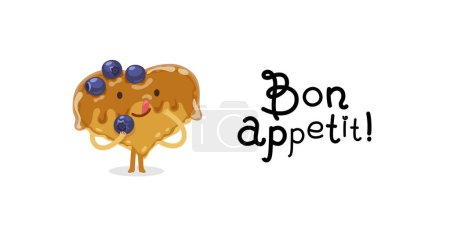 Ilustración de Valentines Sweet Pancake with Bon Appetit Lettering. Cartoon character for romantic food project. - Imagen libre de derechos