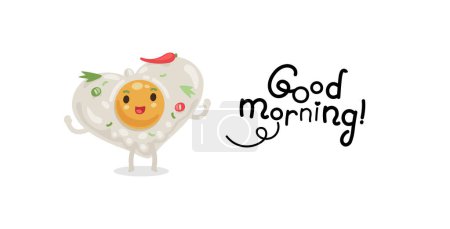 Ilustración de Valentines Fried Egg with Good Morning Lettering. Cartoon character for romantic food project. - Imagen libre de derechos