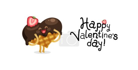 Téléchargez les illustrations : Sweet Waref with Happy Valentines Day Lettering. Cartoon character for romantic food project. - en licence libre de droit