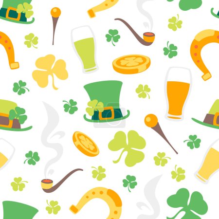 Téléchargez les illustrations : St. Patricks Day Seamless Texture. Editable pattern with colorful clover, hat, coins and beer icons in swatches. - en licence libre de droit