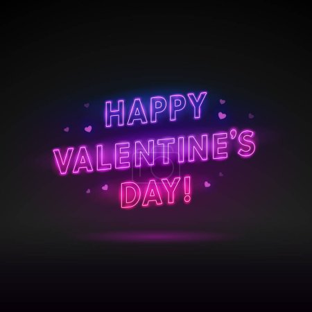 Illustration for Neon Happy Valentines Day Lettering on Dark Background with Hearts. Vector clip art for your holiday project. - Royalty Free Image