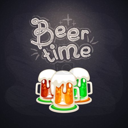 Illustration for Hand Drawn Chalkboard Beer Time Lettering on Blackboard Background with Mugs. Vector clip art. - Royalty Free Image