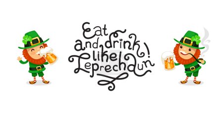 Téléchargez les illustrations : Leprechauns Boit Beer St. Patricks Day Lettering. Affiche vectorielle isolée sur fond blanc. - en licence libre de droit