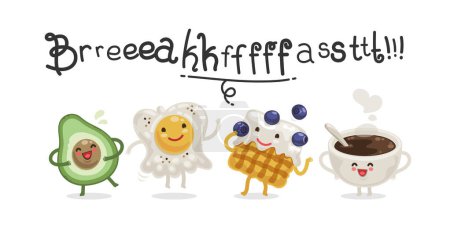 Ilustración de Desayuno Doodle Lettering con personajes de comida de dibujos animados. Clipart vectorial para proyecto de alimentos. - Imagen libre de derechos