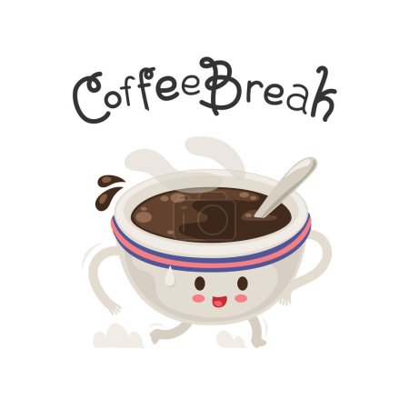 Téléchargez les illustrations : Coffee Break Lettering with Cartoon Mug Fun Character. Vector clipart. - en licence libre de droit