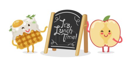 Illustration for Lunch Time Doodle Lettering. Waffle with fried egg and apple cartoon characters. Vector clipart for food project. - Royalty Free Image