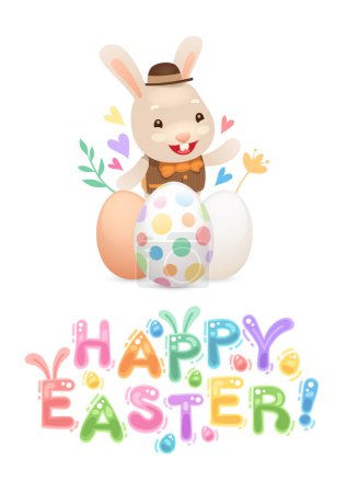 Téléchargez les illustrations : Bonne carte postale de Pâques avec lapin mignon et oeufs colorés. Affiche de lettrage vectoriel pour le projet de vacances. - en licence libre de droit