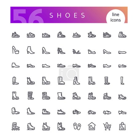 Ilustración de Conjunto de 56 iconos de línea de zapatos adecuados para web, infografías y aplicaciones. Aislado sobre fondo blanco. Recorte caminos incluidos. - Imagen libre de derechos