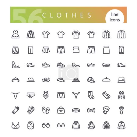 Illustration for Set of 56 clothes line icons suitable for web, infographics and apps. Isolated on white background. Clipping paths included. - Royalty Free Image