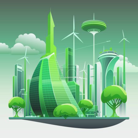 Illustration for Vector Illustration of a Futuristic City. Green renewable energy, advanced technology, high-rise buildings and the high quality of life of life for its residents. - Royalty Free Image