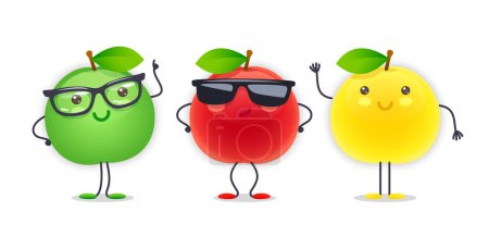 Illustration for Apple Character with Various Face Expressions. Vector illustration set of funny and cute cartoon fruits isolated on white background. Mascot collection. - Royalty Free Image