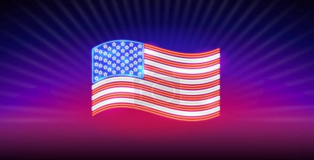 Téléchargez les illustrations : Neon Sign Waving USA Drapeau sur fond flou. Clipart vectoriel permet de personnaliser rapidement et facilement votre projet patriotique. - en licence libre de droit