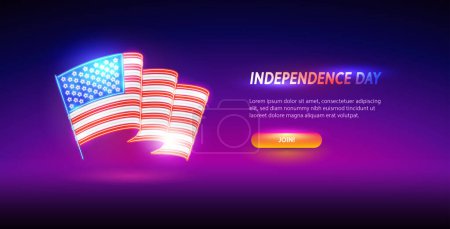 Illustration for Neon Waving USA flag Website Template on Blurred Background. Vector clipart for Independence Day and patriotic projects. - Royalty Free Image