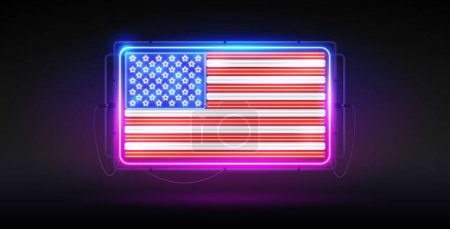 Téléchargez les illustrations : Neon USA Signalétique drapeau sur fond sombre. Clipart vectoriel pour la fête de l'indépendance et les projets patriotiques. - en licence libre de droit