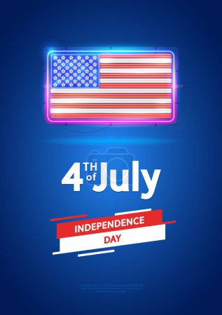 Téléchargez les illustrations : Affiche Neon USA Flag Independence Day sur fond bleu. Clipart vectorielle pour projet patriotique. - en licence libre de droit