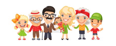 Ilustración de Gran familia feliz en estilo de dibujos animados. Aislado sobre fondo blanco. Ilustración vectorial. - Imagen libre de derechos