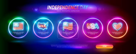 Téléchargez les illustrations : USA Independence Day Neon Elements Set on Blurred Background. Clipart vectorielle pour les projets patriotiques. - en licence libre de droit
