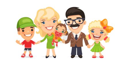 Ilustración de Gran familia feliz en estilo de dibujos animados. Madre, padre, hija e hijo. Aislado sobre fondo blanco. Ilustración vectorial. - Imagen libre de derechos